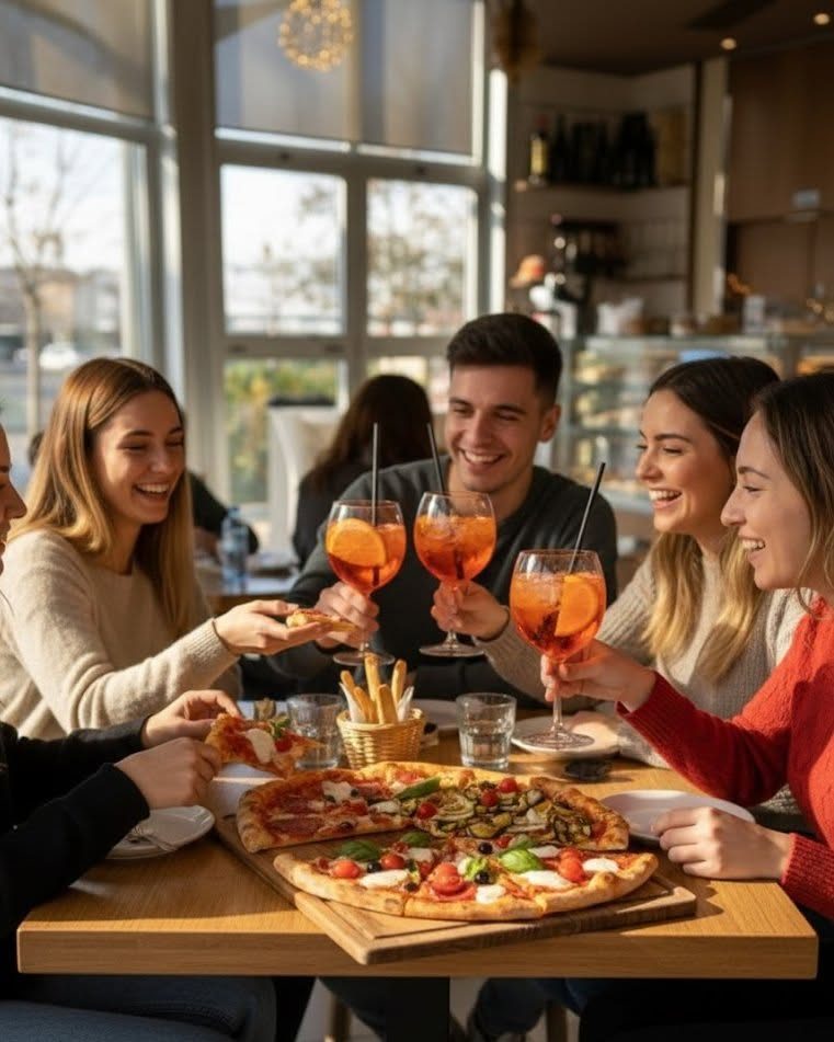 Amici brindano con spritz e pizza al Bar Pasticceria Tiffany di Poggibonsi