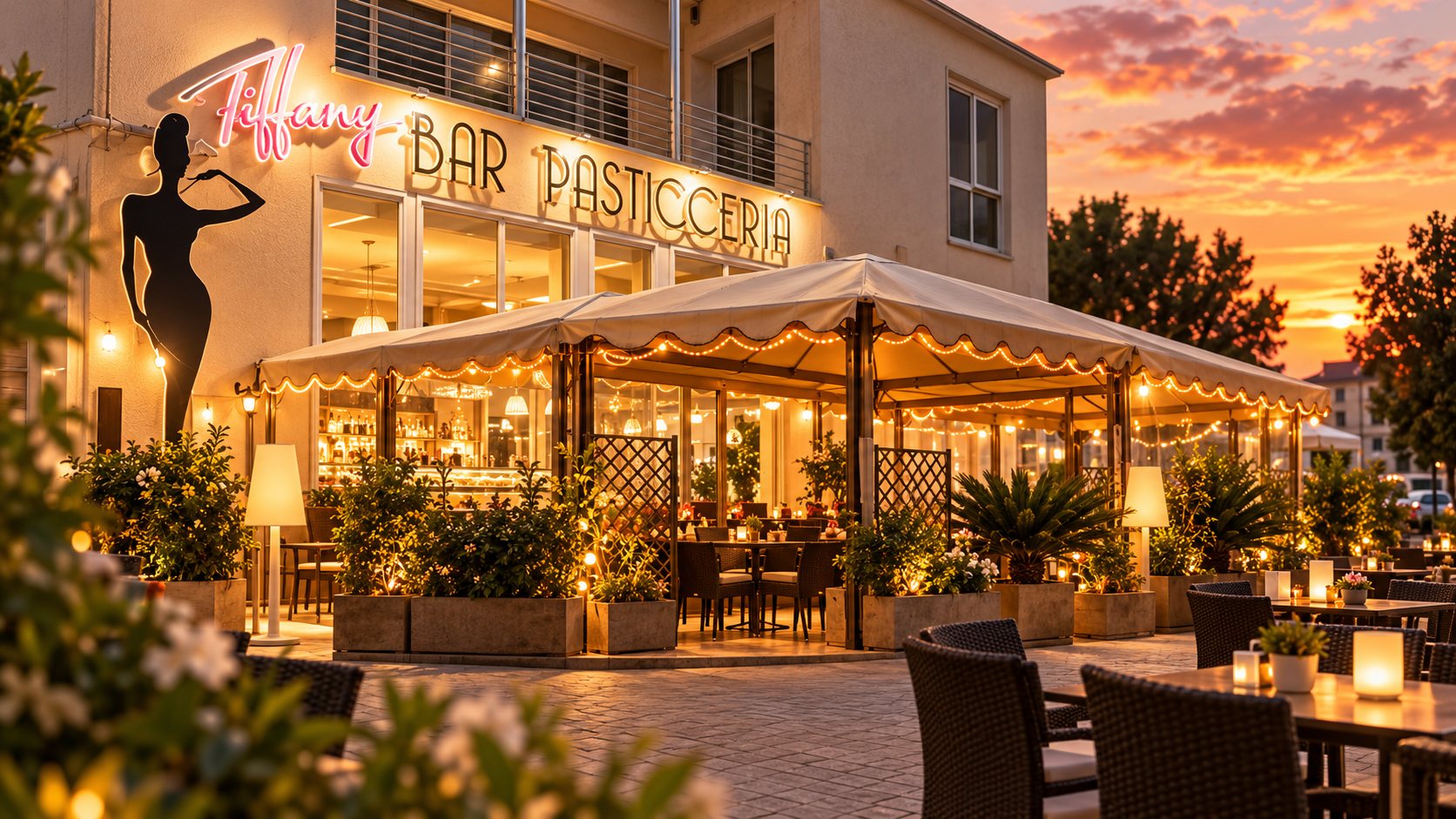 Insegna Tiffany Bar Pasticceria e dehors illuminato al tramonto a Poggibonsi